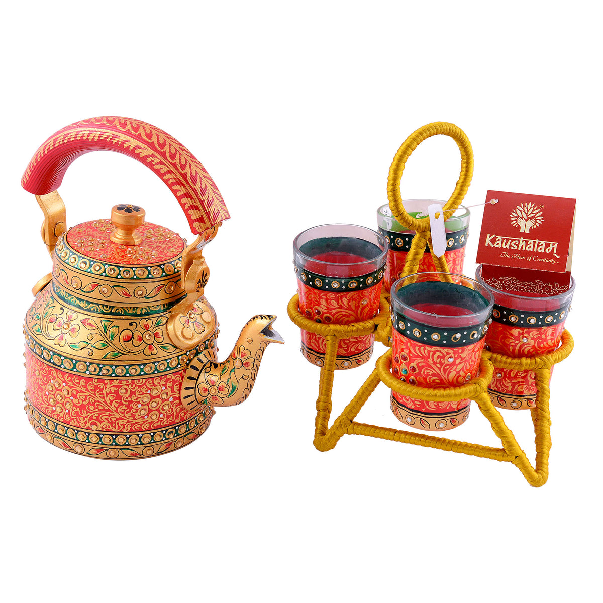 Kaushalam Hand Painted Kettle Chai Tea Kettle Tea Table Décor Café Décor  Restaurant Décor, 750 ml