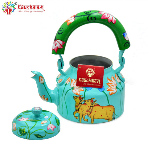 Hand Painted Tea Kettle : Sky Blue Cow Painted